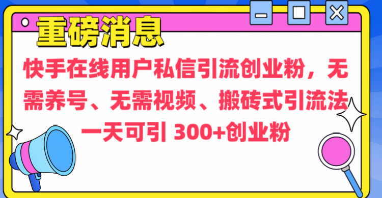 通过给快手在线用户私信引流创业粉,无需养号、无需视频、搬砖式引流法,一天可引300+创业粉-翌晨科技网