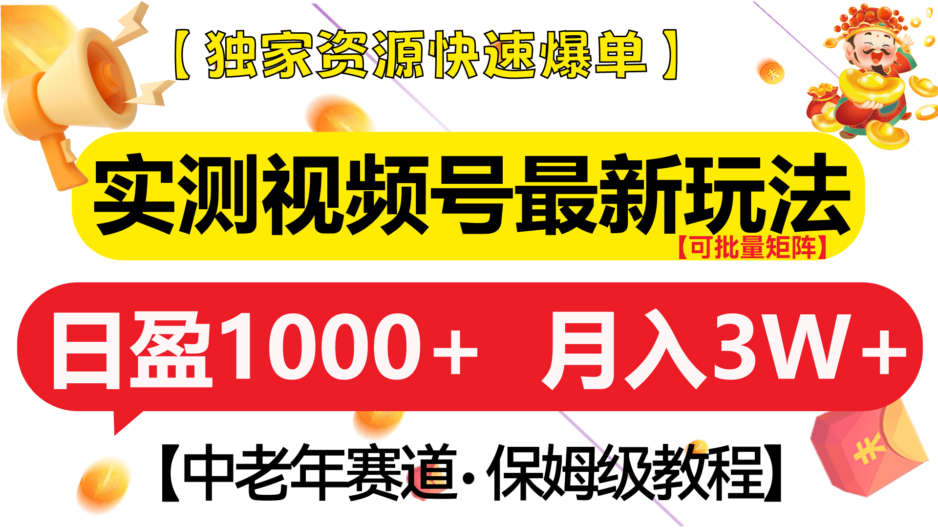 实测视频号最新玩法 中老年赛道独家资源快速爆单  可批量矩阵 日盈1000+  月入3W+  附保姆级教程-翌晨科技网