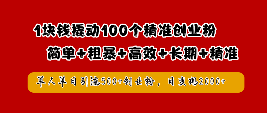 1块钱撬动100个精准创业粉,简单粗暴高效长期精准,单人单日引流500+创业粉,日变现2000+-翌晨科技网