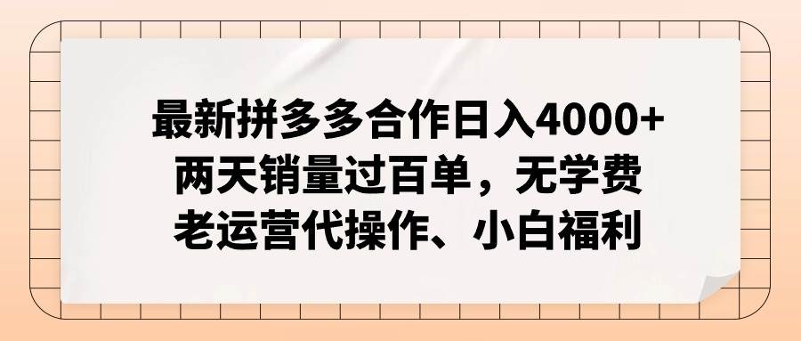 最新拼多多合作日入4000+两天销量过百单，无学费、老运营代操作、小白福利-翌晨科技网