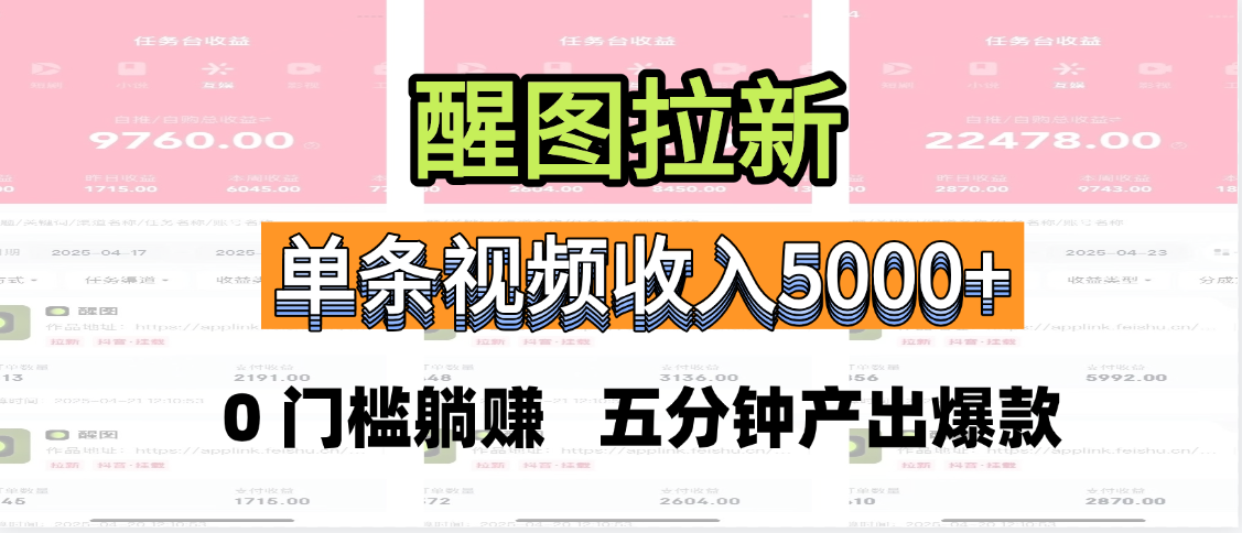醒图拉新，0 门槛躺赚，五分钟产出爆款，单条视频收入5000+-翌晨科技网