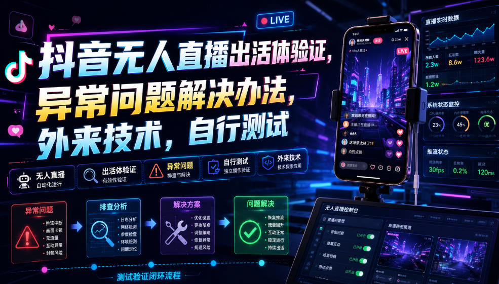 抖音无人直播出活体验证,异常问题解决办法,外来技术,自行测试-翌晨科技网