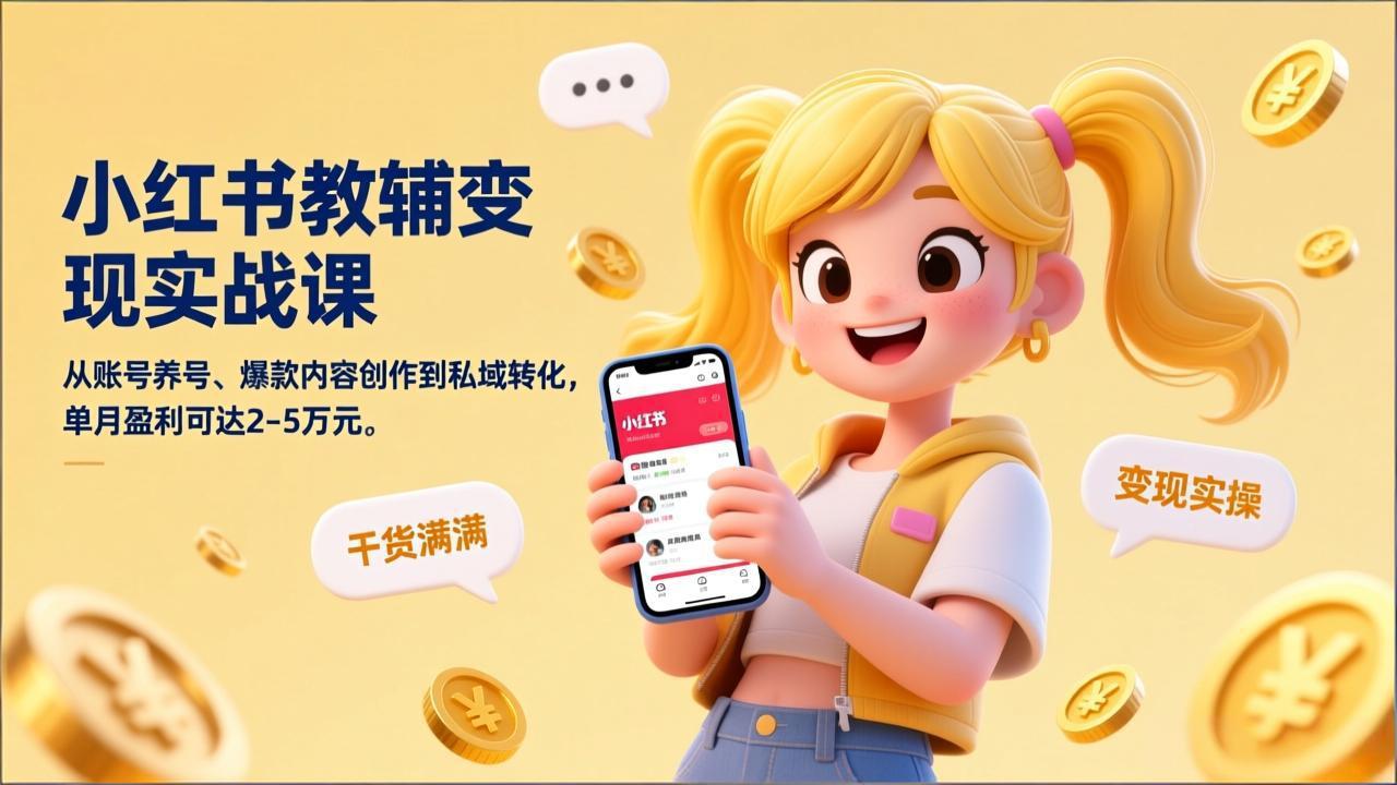 （17334期）小红书教辅变现实战课，从账号养号、爆款内容创作到私域转化，单月盈利可达2-5万元-翌晨科技网