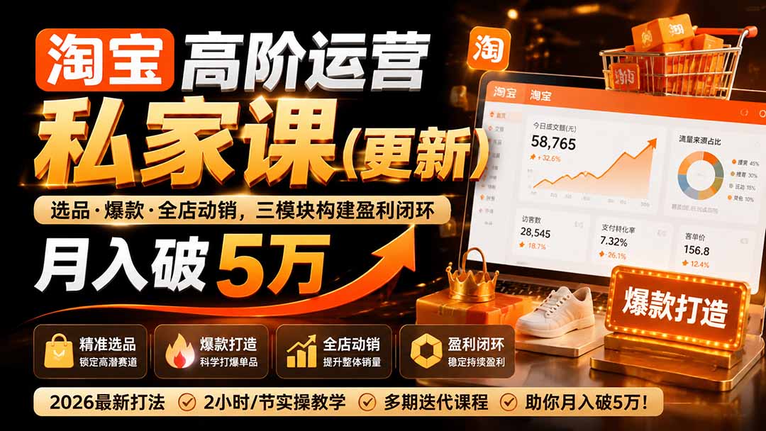 （19906期）淘宝高阶运营私家课（更新26年）：选品、爆款、全店动销，三模块构建盈利闭环，月入破5万-翌晨科技网