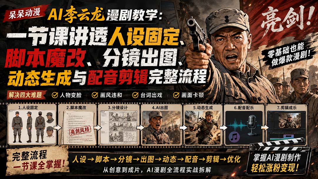(20107期)呆呆动漫AI李云龙漫剧教学:一节课讲透人设固定、脚本魔改、分镜出图、动态生成与配音剪辑完整流程-翌晨科技网