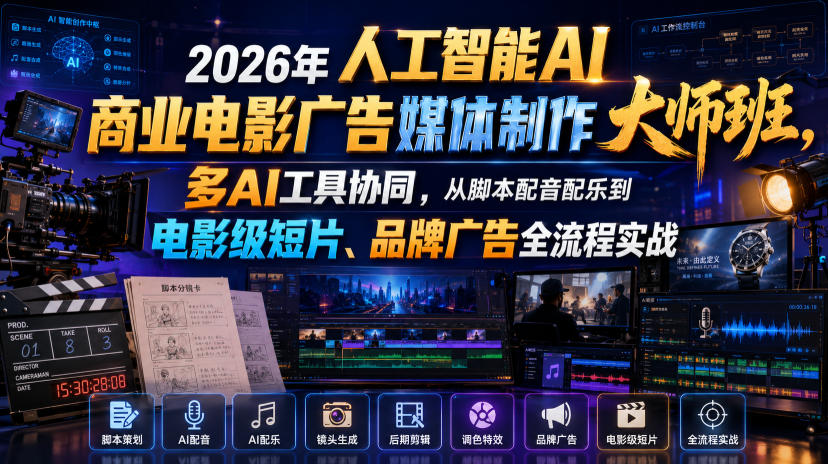 2026年人工智能AI商业电影广告媒体制作大师班，多AI工具协同，从脚本配音配乐到电影级短片、品牌广告全流程实战（中英字幕）-翌晨科技网