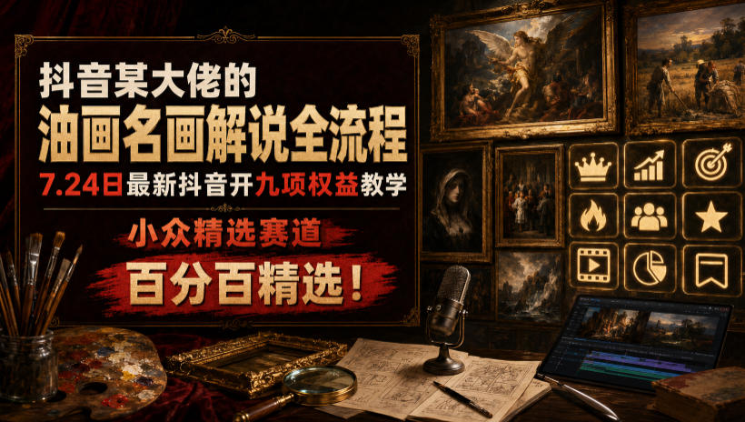 抖音某大佬的油画名画解说全流程，7.24日最新抖音开九项权益教学，小众精选赛道，百分百精选！-翌晨科技网