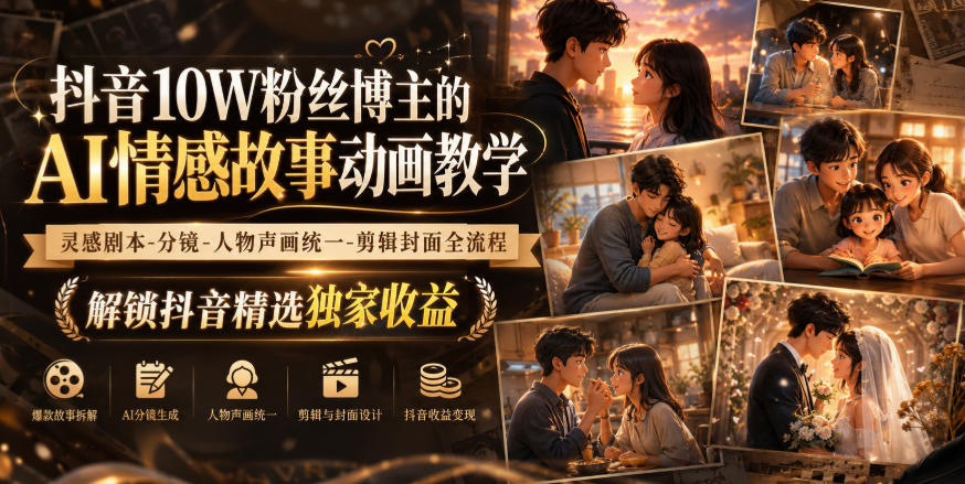 抖音10W粉丝博主的AI情感故事动画教学，灵感剧本‑分镜‑人物声画统一‑剪辑封面全流程，解锁抖音精选独家收益-翌晨科技网