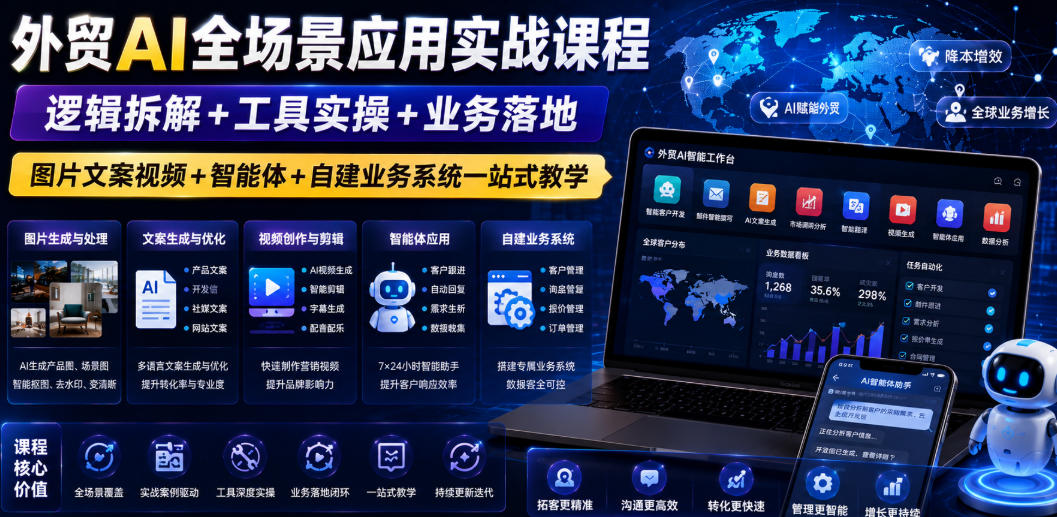 外贸AI全场景应用实战课程｜逻辑拆解+工具实操+业务落地，图片文案视频+智能体+自建业务系统一站式教学-翌晨科技网