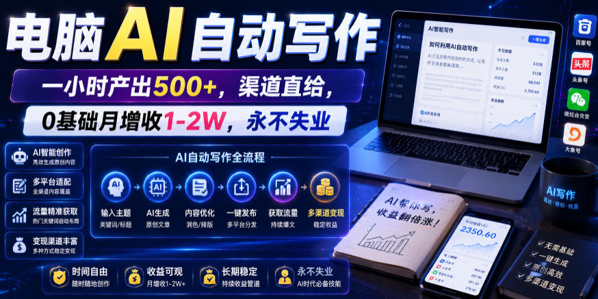 电脑AI自动写作，一小时产出500+，渠道直给，0基础月增收1-2W，永不失业【揭秘】-翌晨科技网