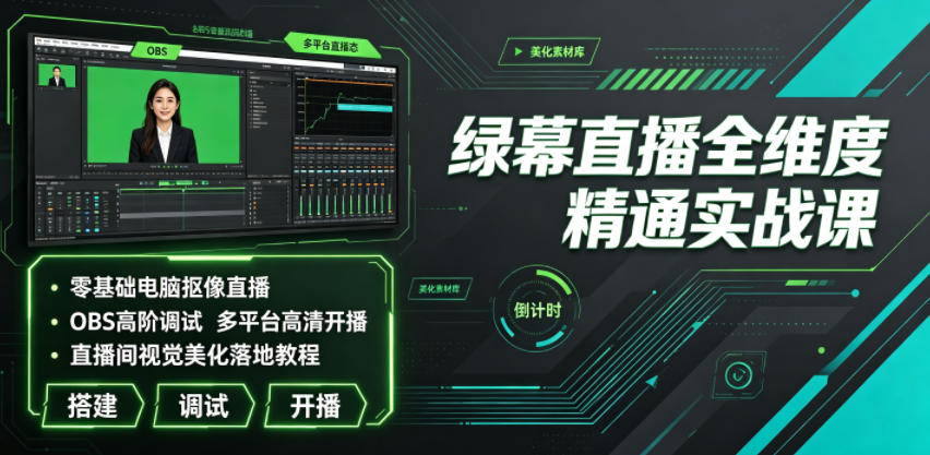 绿幕直播全维度精通实战课｜零基础电脑抠像直播、OBS高阶调试、多平台高清开播、直播间视觉美化落地教程-翌晨科技网