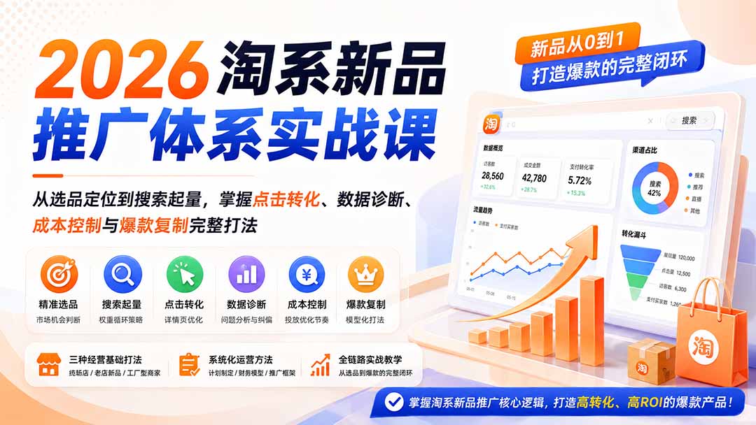 （19908期）2026淘系新品推广体系实战课：从选品定位到搜索起量，掌握点击转化、数据诊断、成本控制与爆款复制完整打法-翌晨科技网