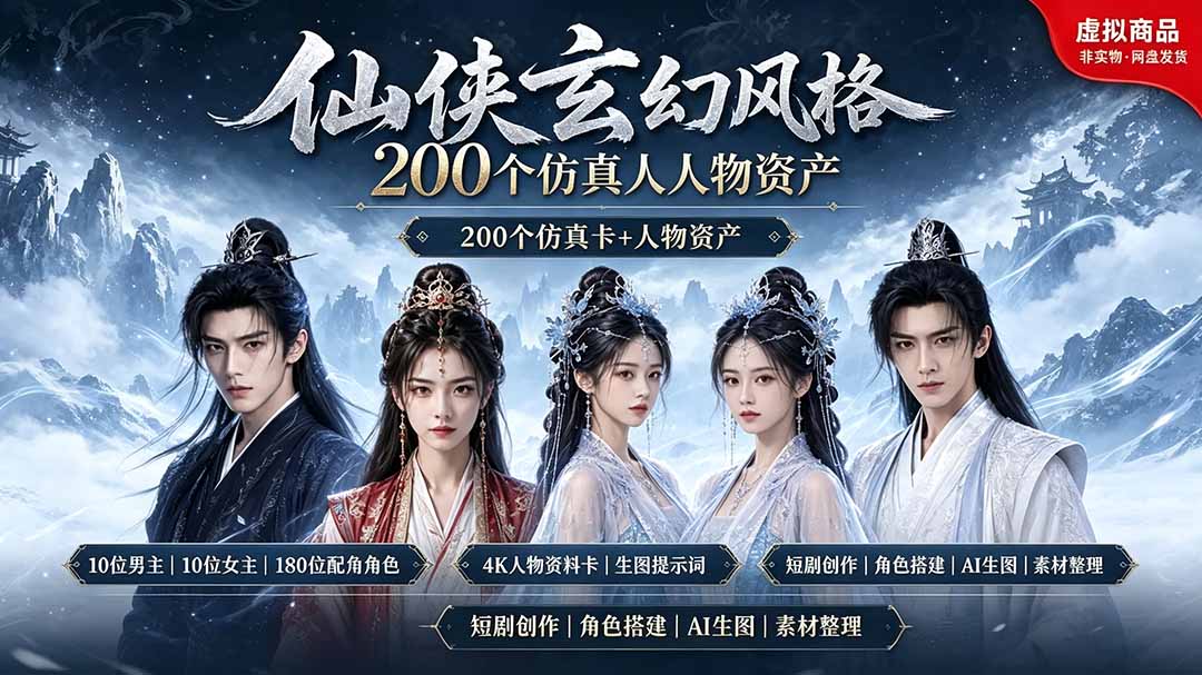 （19301期）200个仙侠玄幻仿真人素材◆10男主×10女主×180配角，4K资料卡+AI生图提示词，漫剧必备-翌晨科技网