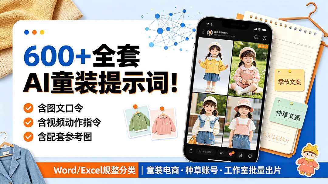 （19302期）600+全套AI童装提示词！含图文口令+视频动作指令+配套参考图，Word/Excel规整分类，童装电商、种草无脑量产内容-翌晨科技网