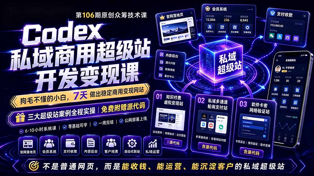 （19122期）Codex私域商用超级站Ai开发变现课106期-更新0630：不是普通网站，而是能收钱，能运营，能沉淀客户的私域超级站-翌晨科技网