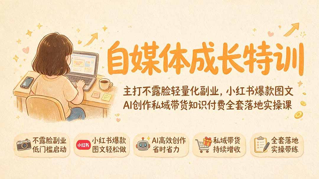 （19584期）自媒体成长特训｜主打不露脸轻量化副业，小红书爆款图文AI创作私域带货知识付费全套落地实操课-翌晨科技网