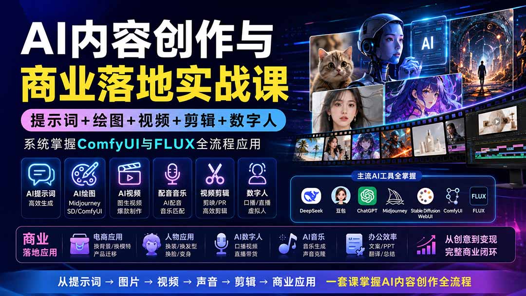（19913期）AI内容创作与商业落地实战课：提示词+绘图+视频+剪辑+数字人，系统掌握ComfyUI与FLUX全流程应用-翌晨科技网