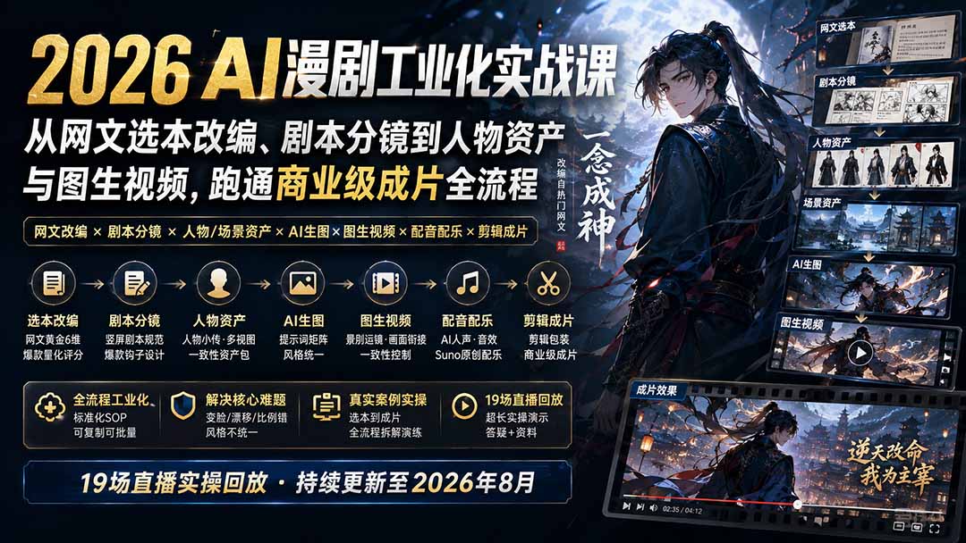 （20068期）2026 AI漫剧工业化实战课-更新：从网文选本改编、剧本分镜到人物资产与图生视频，跑通商业级成片全流程-翌晨科技网