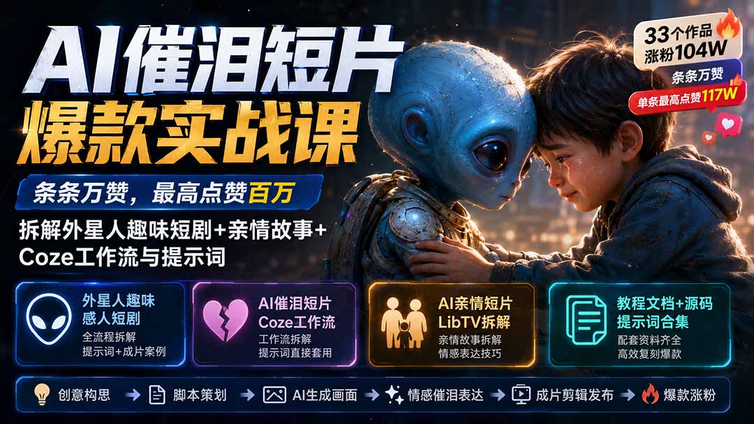 （20038期）AI催泪短片爆款实战课：条条万赞，最高点赞百万，拆解外星人趣味短剧+亲情故事+Coze工作流与提示词-翌晨科技网