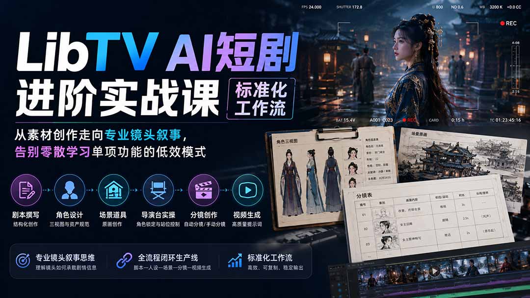 （19836期）LibTV AI短剧进阶实操课标准化工作流；从素材创作走向专业镜头叙事，告别零散学习单项功能的低效模式-翌晨科技网