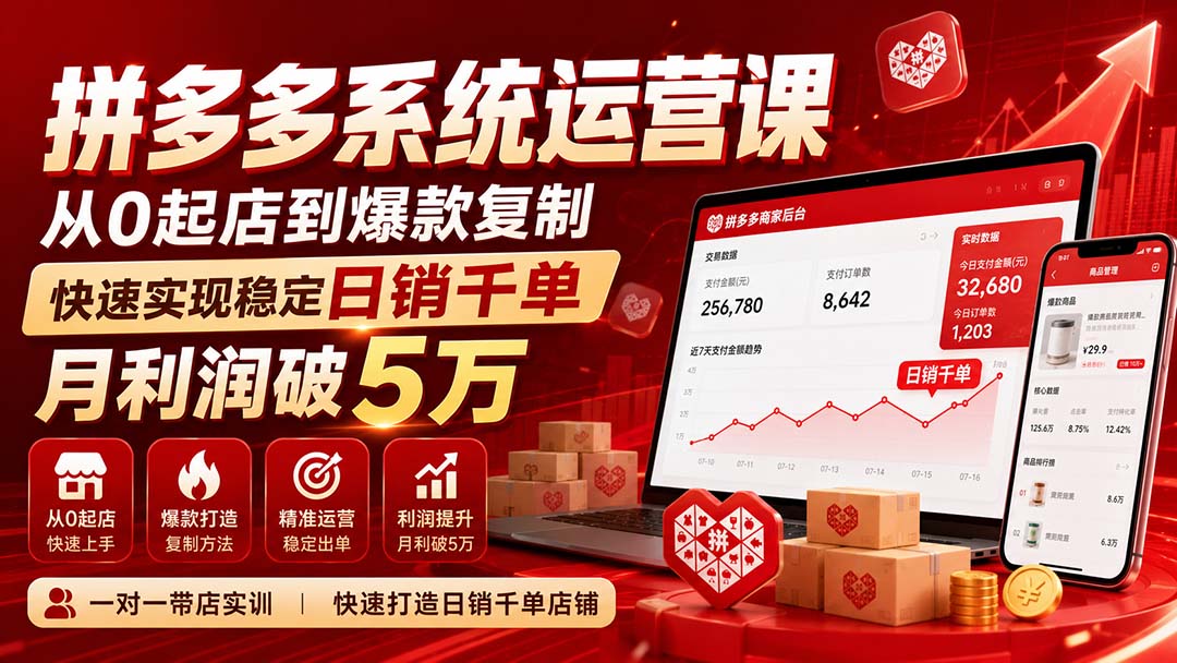（20124期）拼多多系统运营课(更新8月)，从0起店到爆款复制，快速实现稳定日销千单，月利润破5万-翌晨科技网
