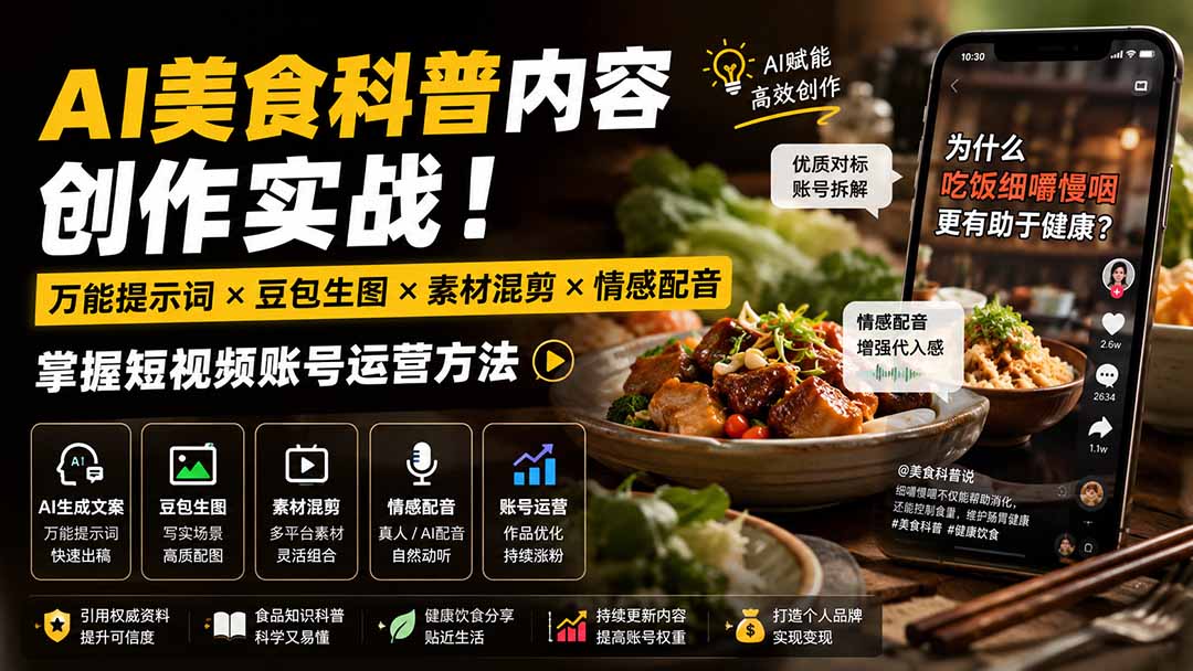 （19730期）外面卖199元-AI美食科普内容创作实战！万能提示词×豆包生图×素材混剪×情感配音，掌握短视频账号运营方法-翌晨科技网