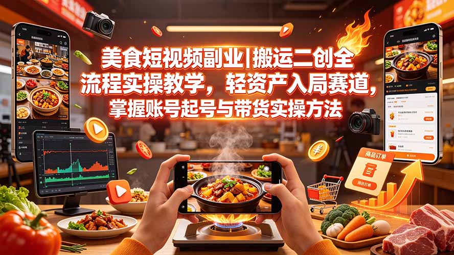 （19535期）美食短视频副业｜搬运二创全流程实操教学，轻资产入局赛道，掌握账号起号与带货实操方法-翌晨科技网