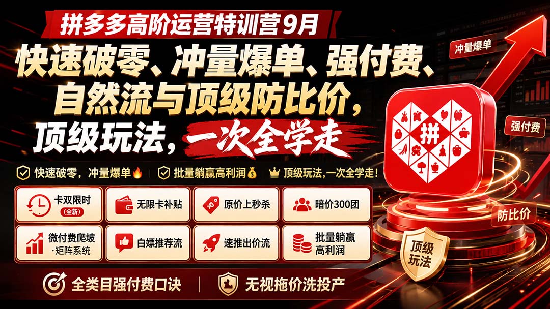 （20155期）拼多多高阶运营特训营9月：快速破零、冲量爆单、强付费、自然流与顶级防比价， 顶级玩法，一次全学走-翌晨科技网