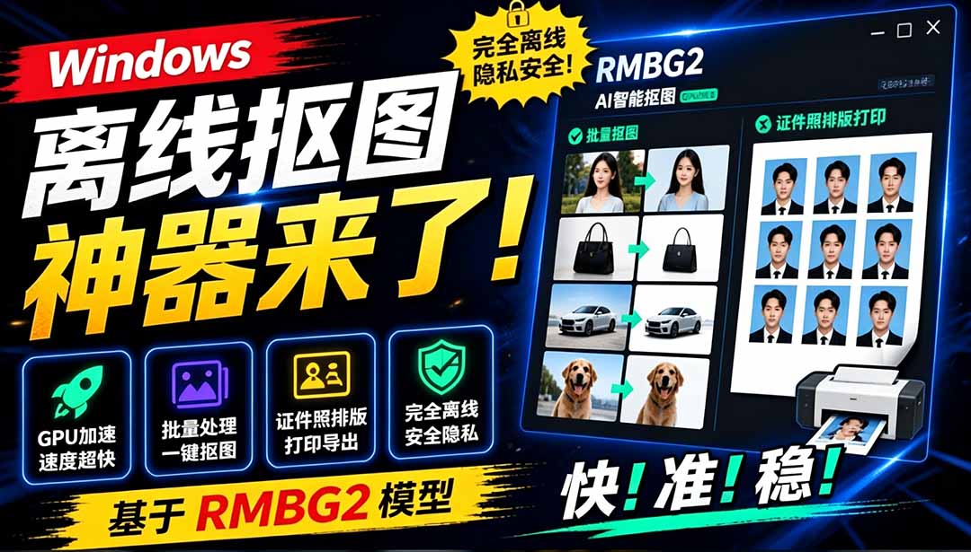 （19357期）Windows离线抠图神器来了！支持批量抠图 + 证件照排版打印，基于RMBG2模型，GPU加速 方块AI抠图-翌晨科技网