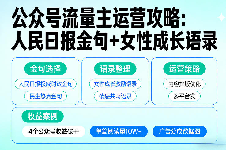 利用人民日报金句+女性成长语录做公众号流量主，4个公众号收益破千-翌晨科技网
