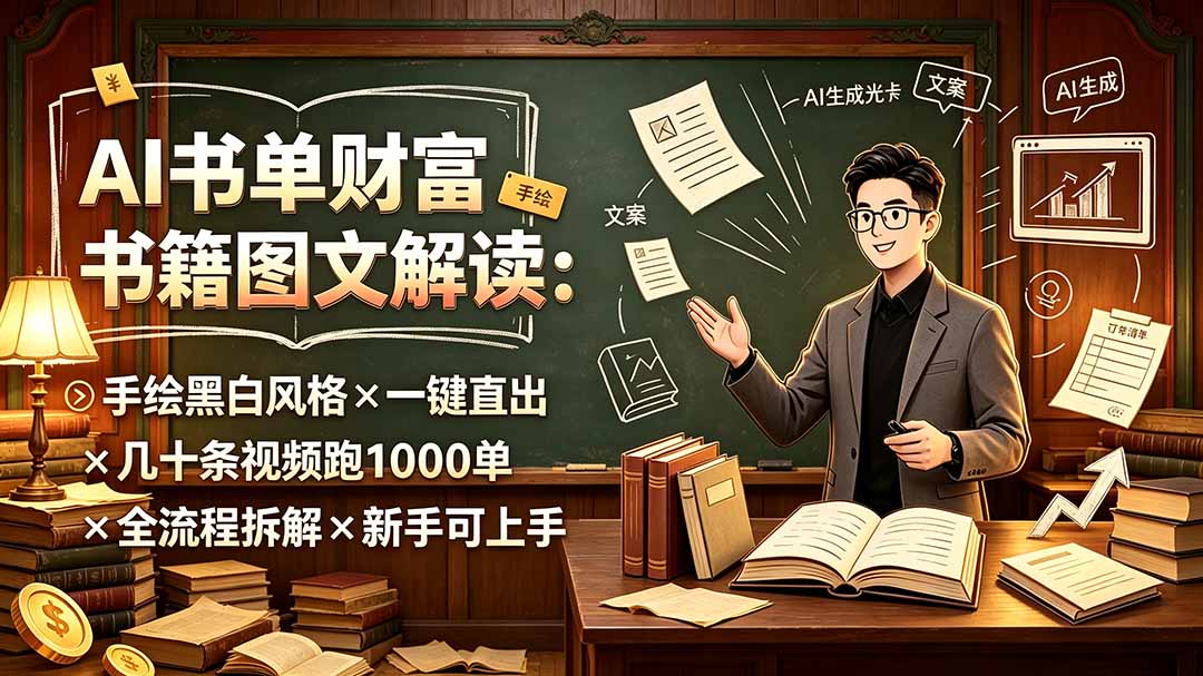 （19515期）AI书单财富书籍图文解读：手绘黑白风格×一键直出×几十条视频跑1000单×全流程拆解×新手可上手-翌晨科技网