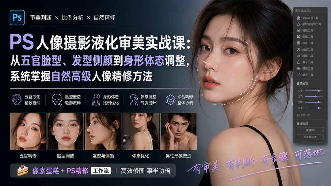 （20062期）PS人像摄影液化审美实战课：从五官脸型、发型侧颜到身形体态调整，系统掌握自然高级人像精修方法-翌晨科技网