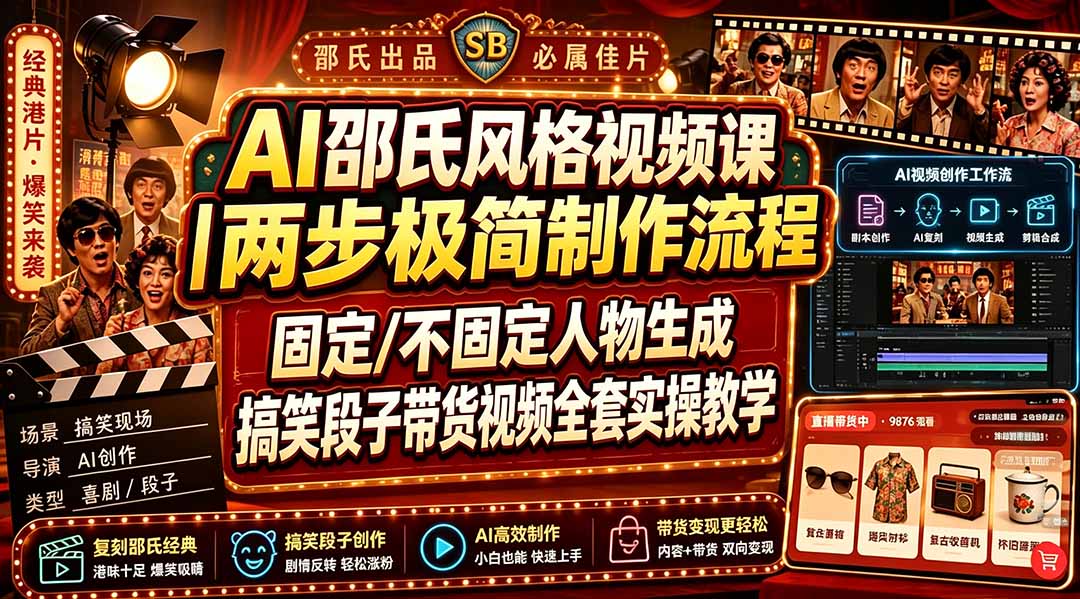 （19602期）AI邵氏风格视频课｜两步极简制作流程，固定/不固定人物生成，搞笑段子带货视频全套实操教学-翌晨科技网