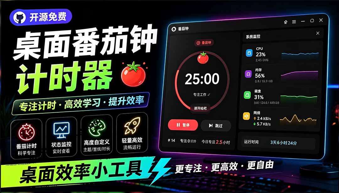 （19564期）仅1.16MB，开源极简的桌面时钟、番茄钟计时器，还支持系统监控显示，桌面效率小工具 Catime-翌晨科技网
