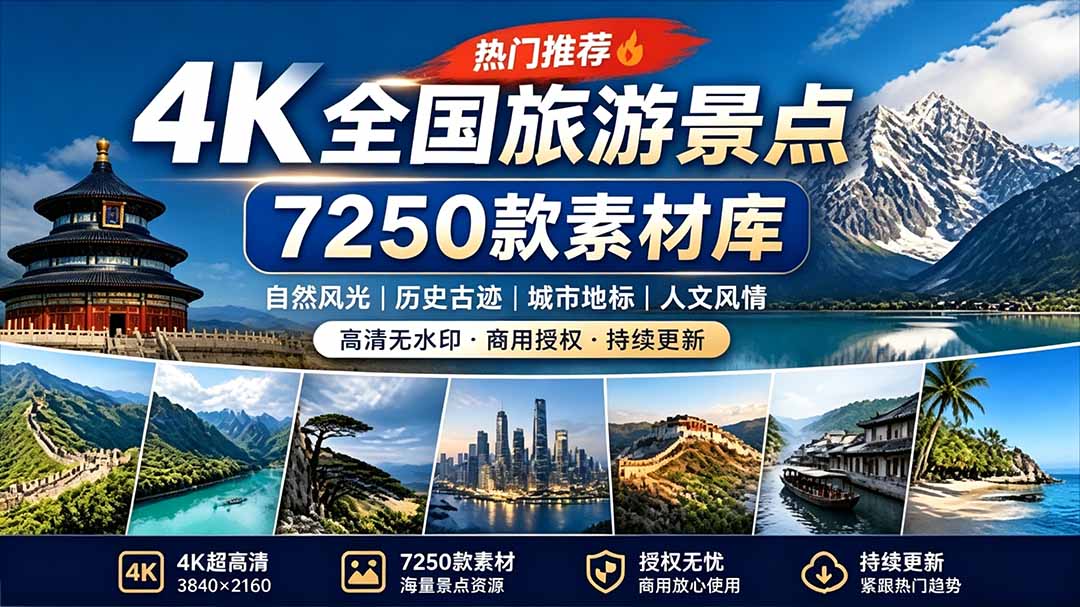 (19309期)热门全国旅游风景素材!4K全国旅游景点素材库,7250款素材,旅行达人城市航拍风景风光高清短视频-翌晨科技网