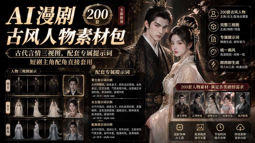 (19693期)AI漫剧古风人物素材包+提示词|200 套古代言情三视图,配套专属提示词短剧主角配角直接套用-翌晨科技网