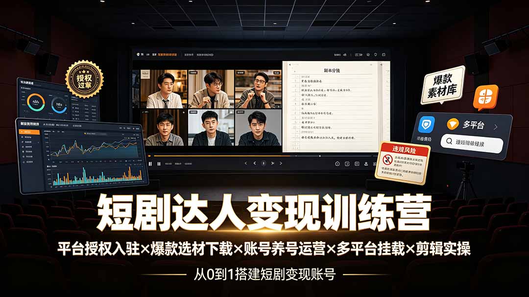 （19551期）短剧达人变现训练营：平台授权入驻×爆款选材下载×账号养号运营×多平台挂载×剪辑实操×违规处理全流程-翌晨科技网