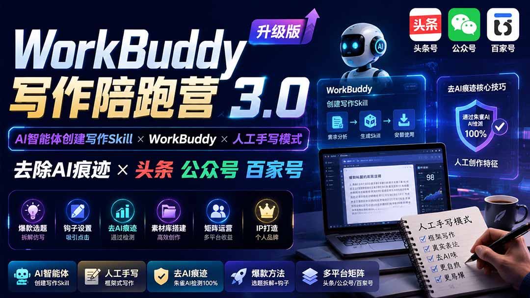 （19920期）WorkBuddy写作陪跑营3.0-更新：Ai智能体创建写作Skill×WorkBuddy×人工手写模式×去除AI痕迹×头条公众号百家号-翌晨科技网