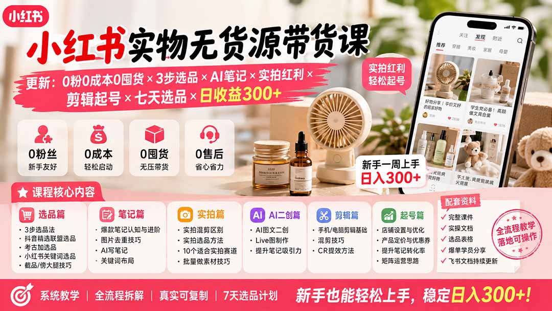 （19840期）小红书实物无货源带货课-更新：0粉0成本0囤货×3步选品×AI笔记×实拍红利×剪辑起号×七天选品×日收益300+-翌晨科技网
