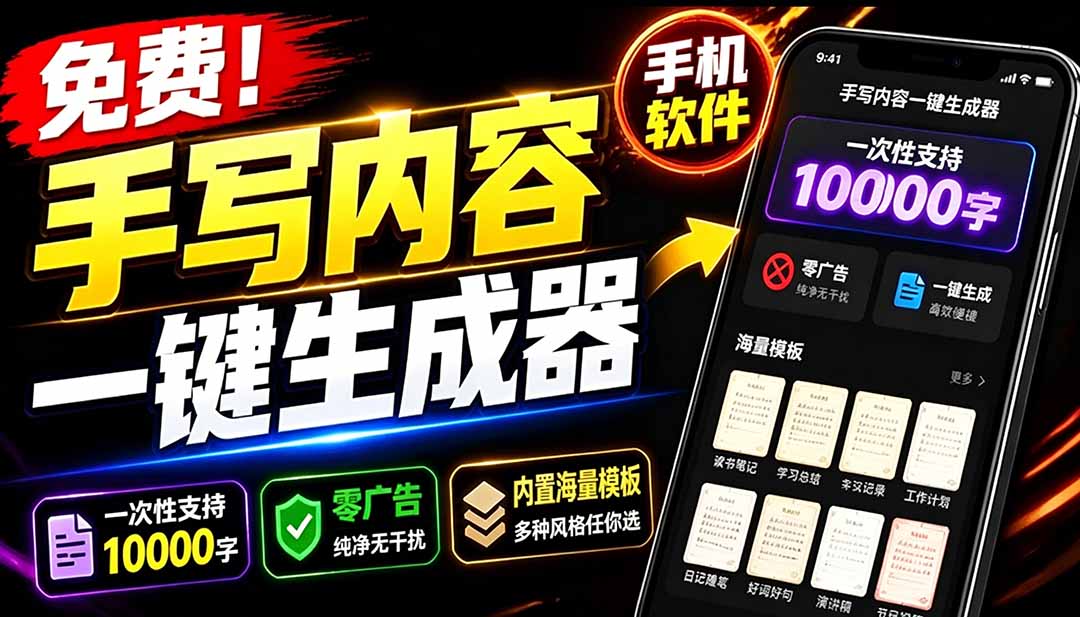 (18667期)超逼真手写字体一键生成器,纯免费离线运行,一次性支持10000字,零广告,内置海量模板-翌晨科技网