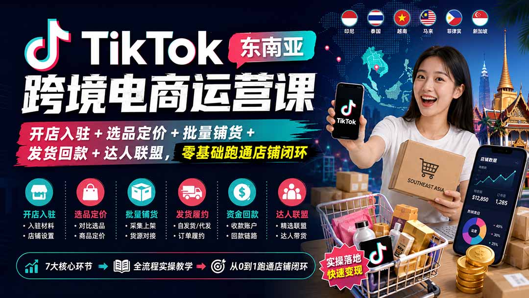 （20059期）TikTok东南亚跨境电商运营课：开店入驻+选品定价+批量铺货+发货回款+达人联盟，零基础跑通店铺闭环-翌晨科技网