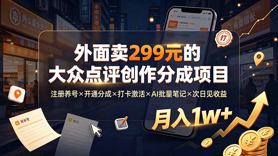 （19488期）外面卖299元的大众点评创作分成项目：注册养号×开通分成×打卡激活×AI批量笔记×次日见收益，月入1w+-翌晨科技网