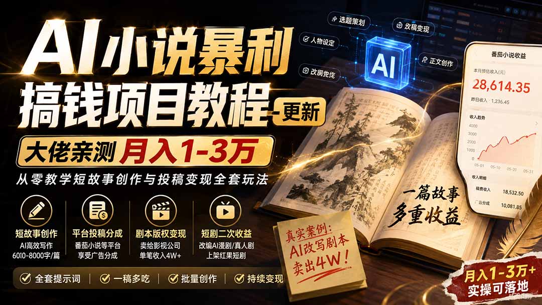 （20044期）AI小说暴利搞钱项目教程-更新，大佬亲测月入1-3万，从零教学短故事创作与投稿变现全套玩法-翌晨科技网