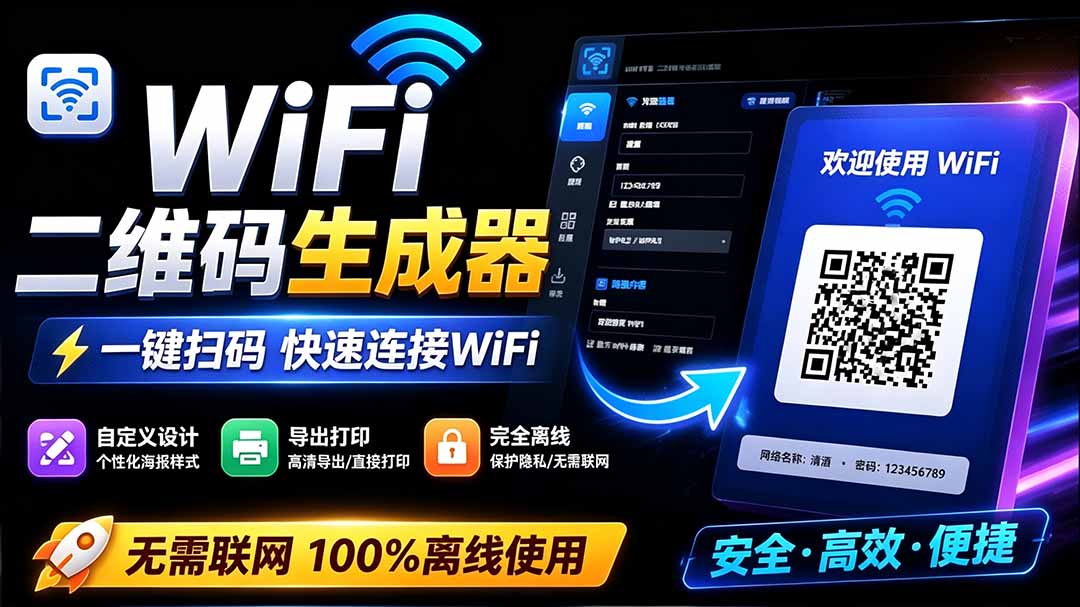 （19566期）完全离线使用！WiFi二维码生成器，一键扫码快速连接WiFi，支持自定义风格导出 WiFi二维码生成器-翌晨科技网