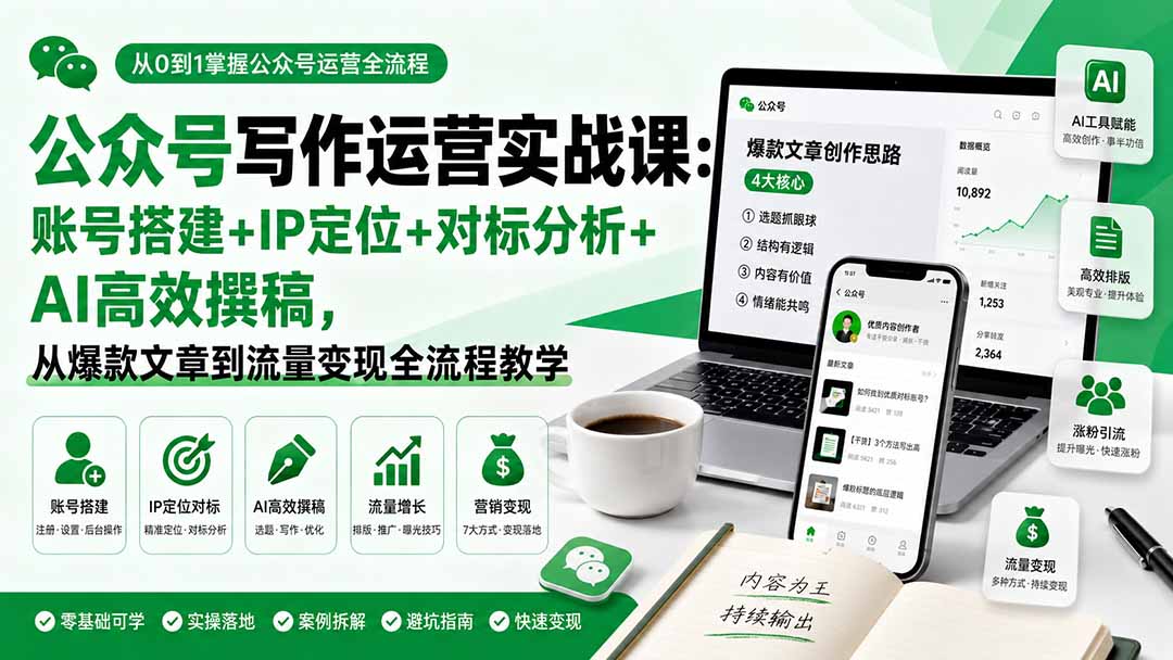 （19914期）公众号写作运营实战课：账号搭建+IP定位+对标分析+AI高效撰稿，从爆款文章到流量变现全流程教学-翌晨科技网