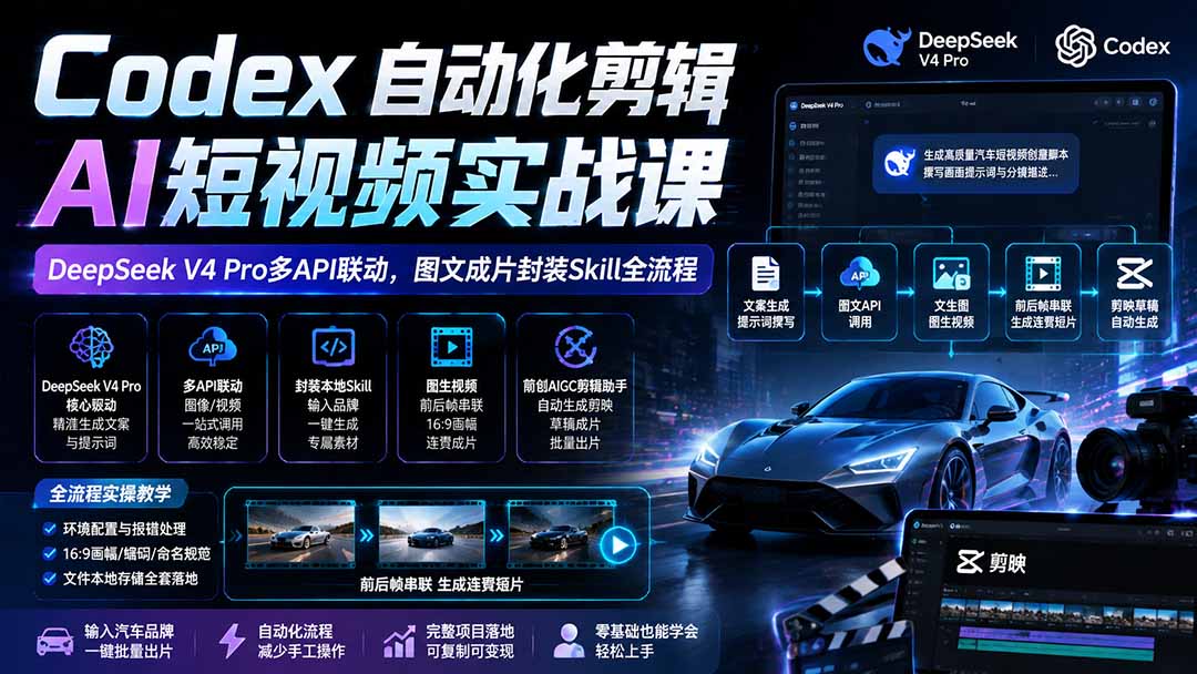（19711期）Codex自动化剪辑AI短视频实战课｜DeepSeek V4 Pro多API联动，图文成片封装Skill全流程-翌晨科技网