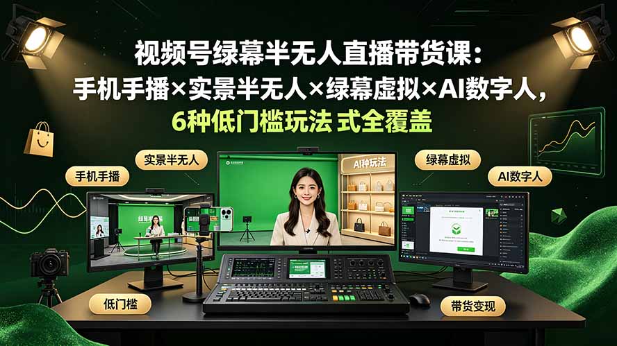 （19271期）视频号绿幕半无人直播带货课：手机手播×实景半无人×绿幕虚拟×AI数字人，6种低门槛玩法全覆盖-翌晨科技网