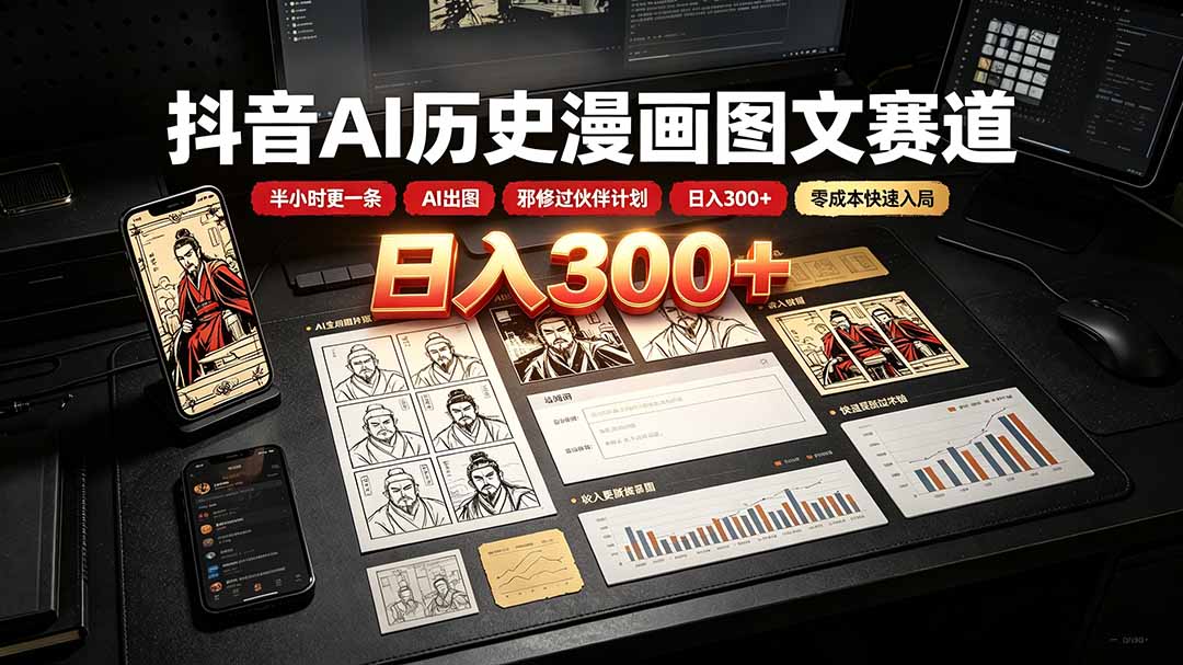 （19498期）抖音AI历史漫画图文赛道：半小时更一条×AI出图×邪修过伙伴计划×日入300+，零成本快速入局-翌晨科技网