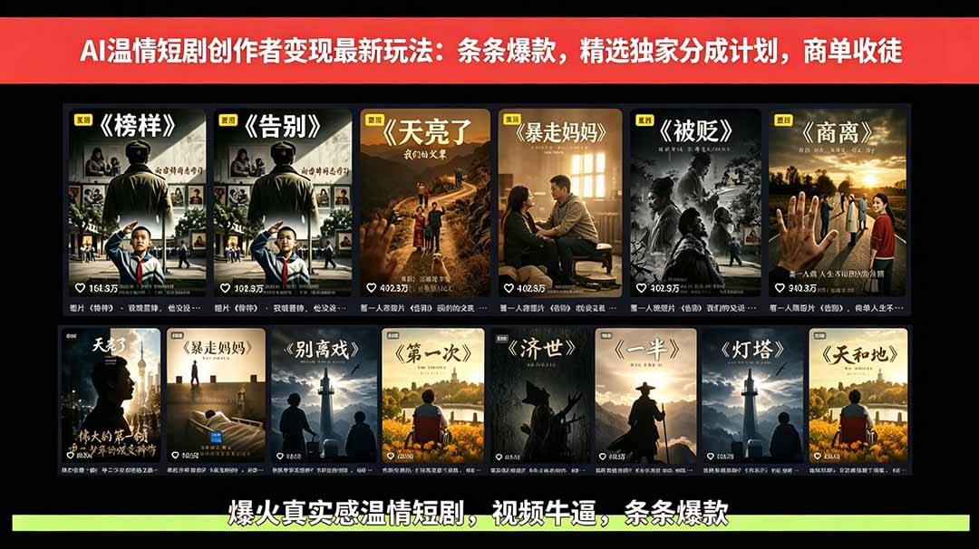 （18748期）AI温情短剧创作者变现最新玩法：视频牛逼，条条爆款，精选独家分成计划，商单收徒-翌晨科技网