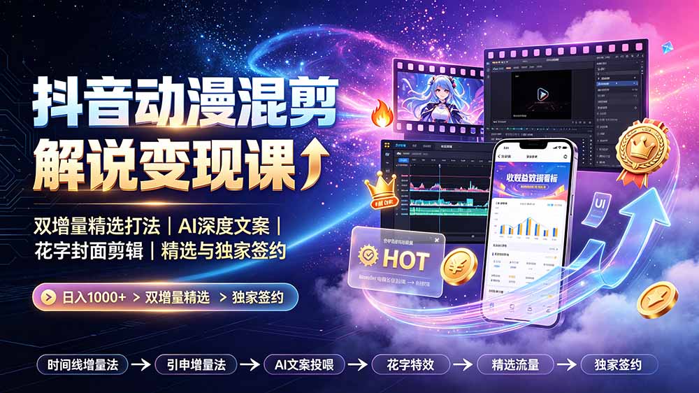 （19311期）抖音动漫混剪解说变现课：双增量精选打法｜AI深度文案｜花字封面剪辑｜ 精选与独家签约日入1000+-翌晨科技网
